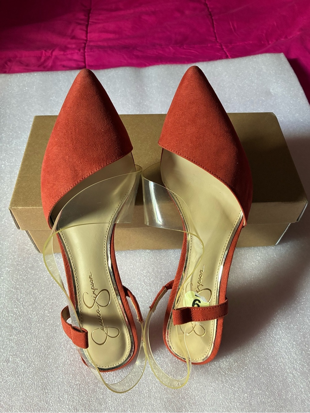Jessica Simpson Orange Suede Pointed-Toe Clear Strap Stiletto Heels: ELEGANT🔥 - Picture 7 of 8